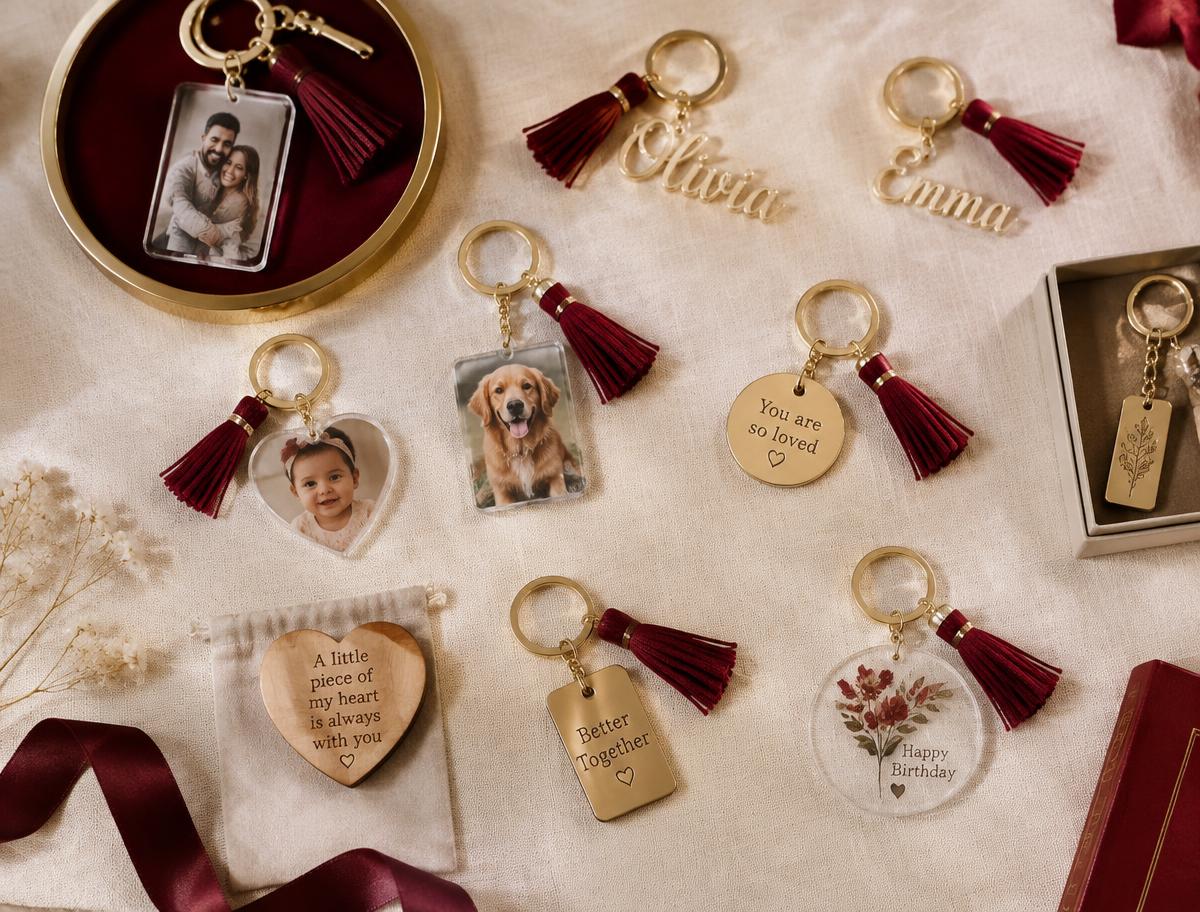 Personalized photo, name and engraved keychains with small keepsake gifts