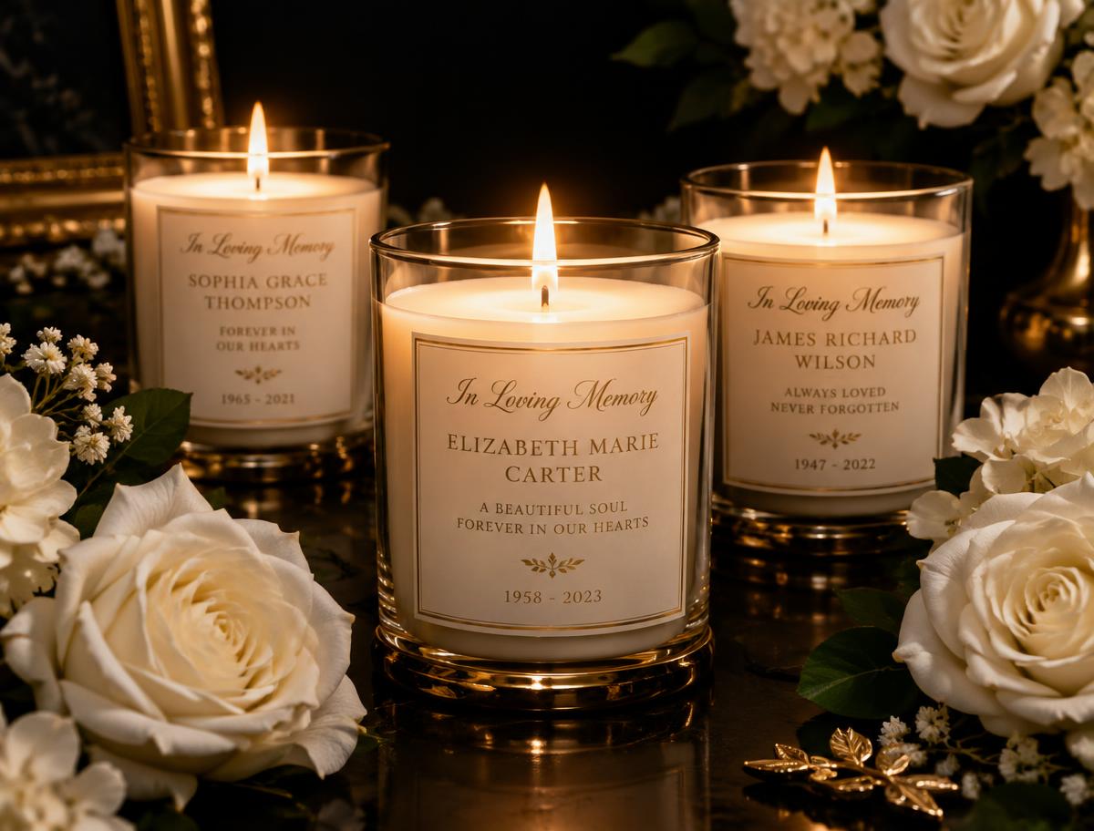 In Loving Memory personalized candles glowing among white roses