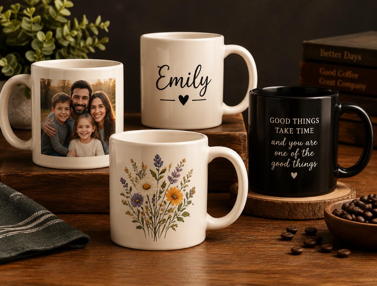 Personalized ceramic mugs with a family photo, a name, a message and a floral design