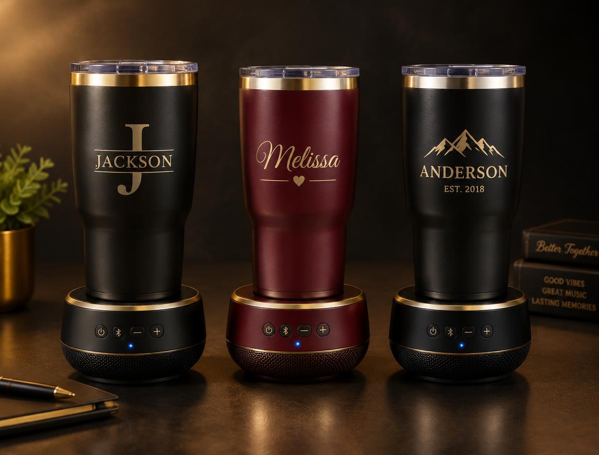 Personalized tumblers sitting on Bluetooth speaker bases