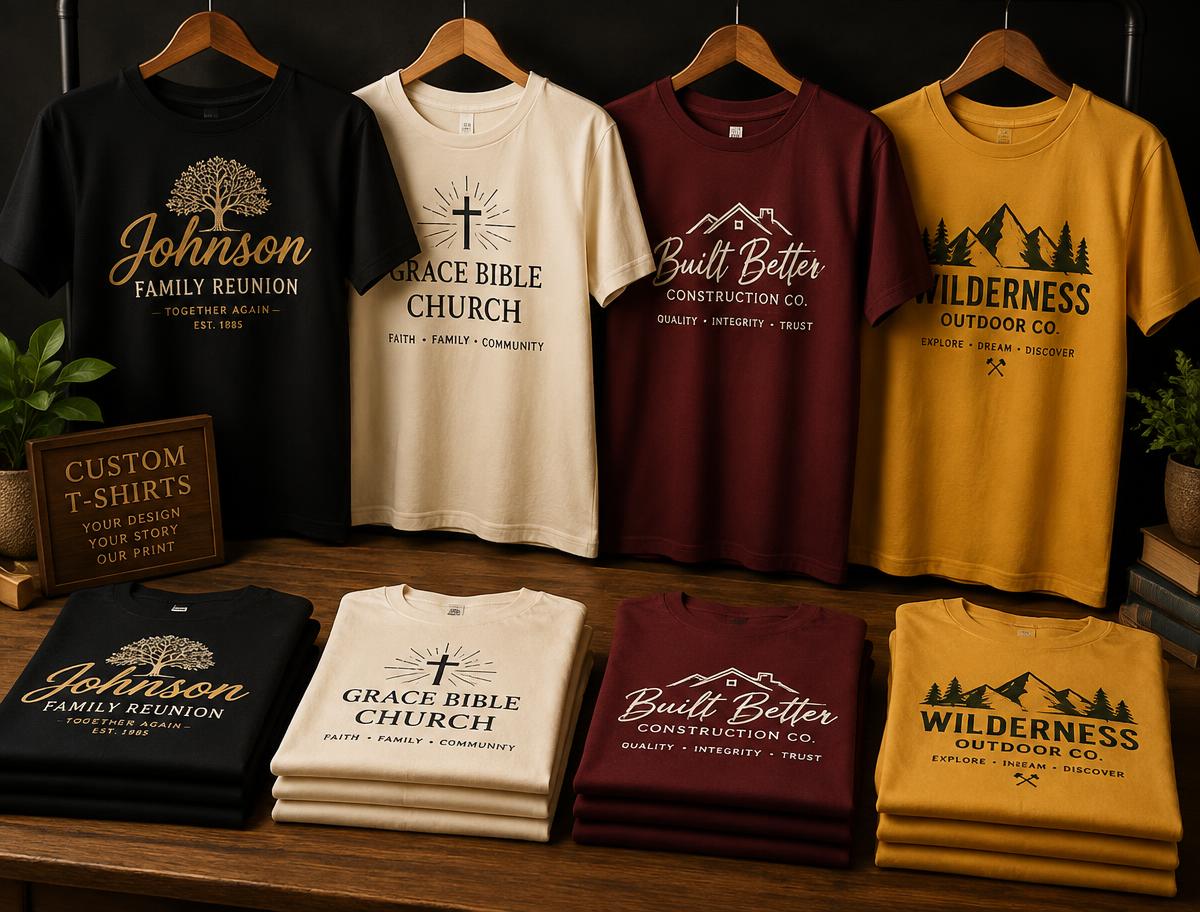 Custom printed T-shirts on hangers and folded, with family reunion, church and business designs