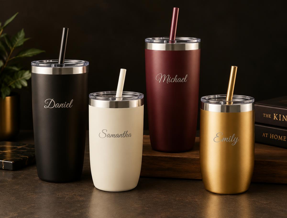 Personalized insulated tumblers in black, cream, burgundy and gold with engraved names